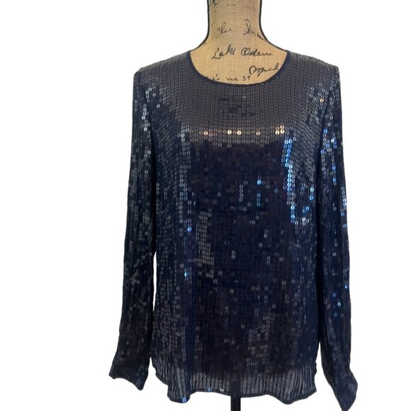 DKNY Navy Blue Silk & Sequin Sheer Blouse Size Medium - N1369 - Picture 2 of 8